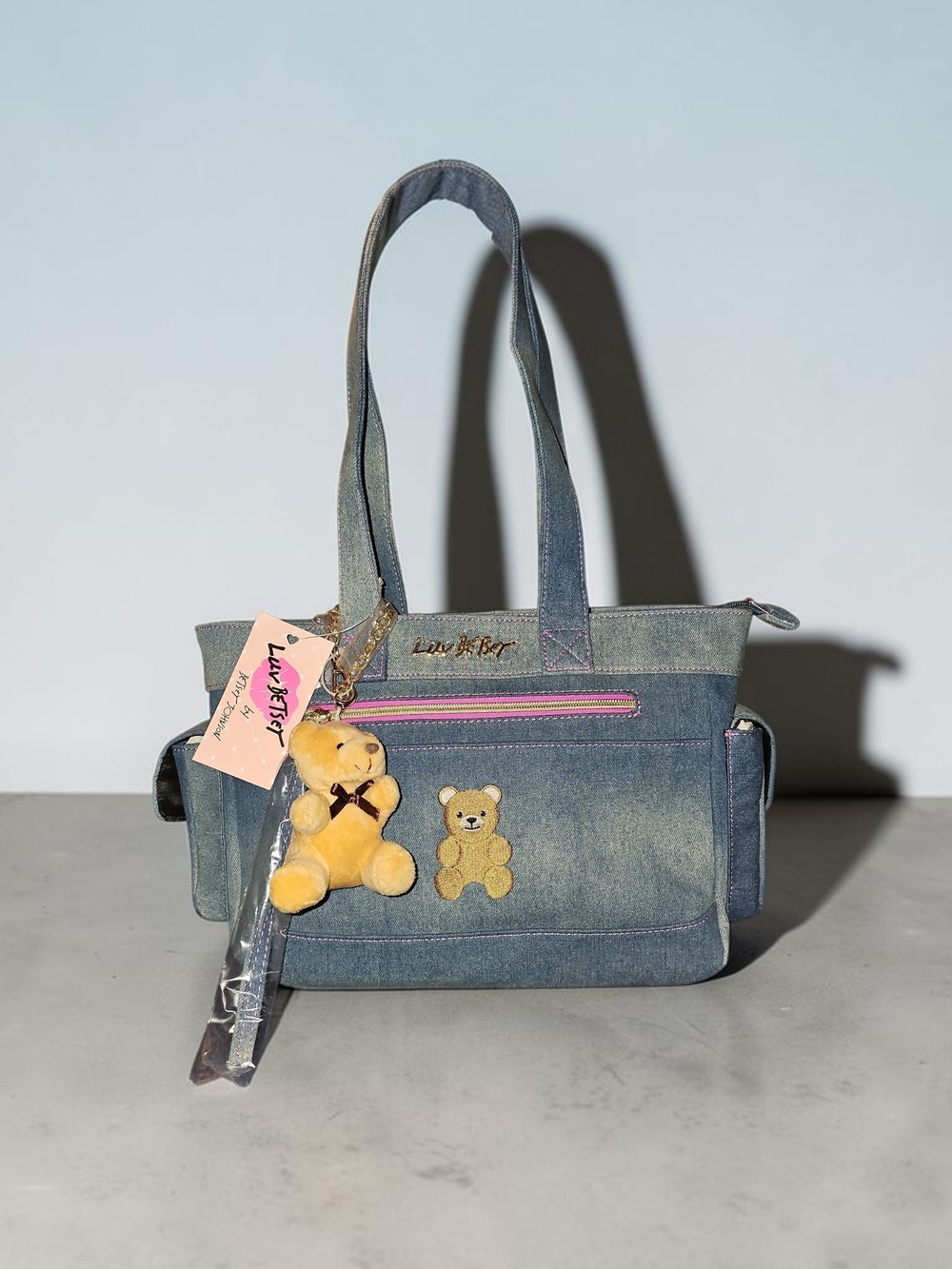 Nwt Betsy Johnson Denim Tote Bag with Teddy Charm - Blue
